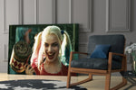 Harley Quinn glass print enhancing a home theater with cinematic mood