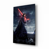 Kylo Ren glass wall art displayed above a black leather sectional in a home theater with brass arc lamp and reclaimed-wood console