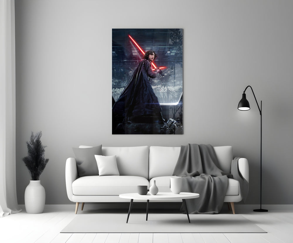 Kylo Ren close-up showing Sith with crossguard saber and stormtroopers behind viewport