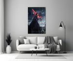 Kylo Ren close-up showing Sith with crossguard saber and stormtroopers behind viewport