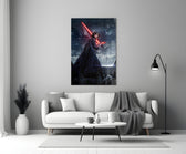 Kylo Ren close-up showing Sith with crossguard saber and stormtroopers behind viewport