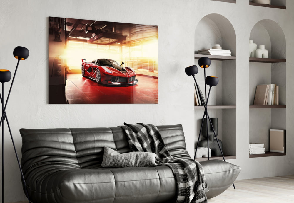 Ferrari FXX K glass wall art styled above a desk in an office