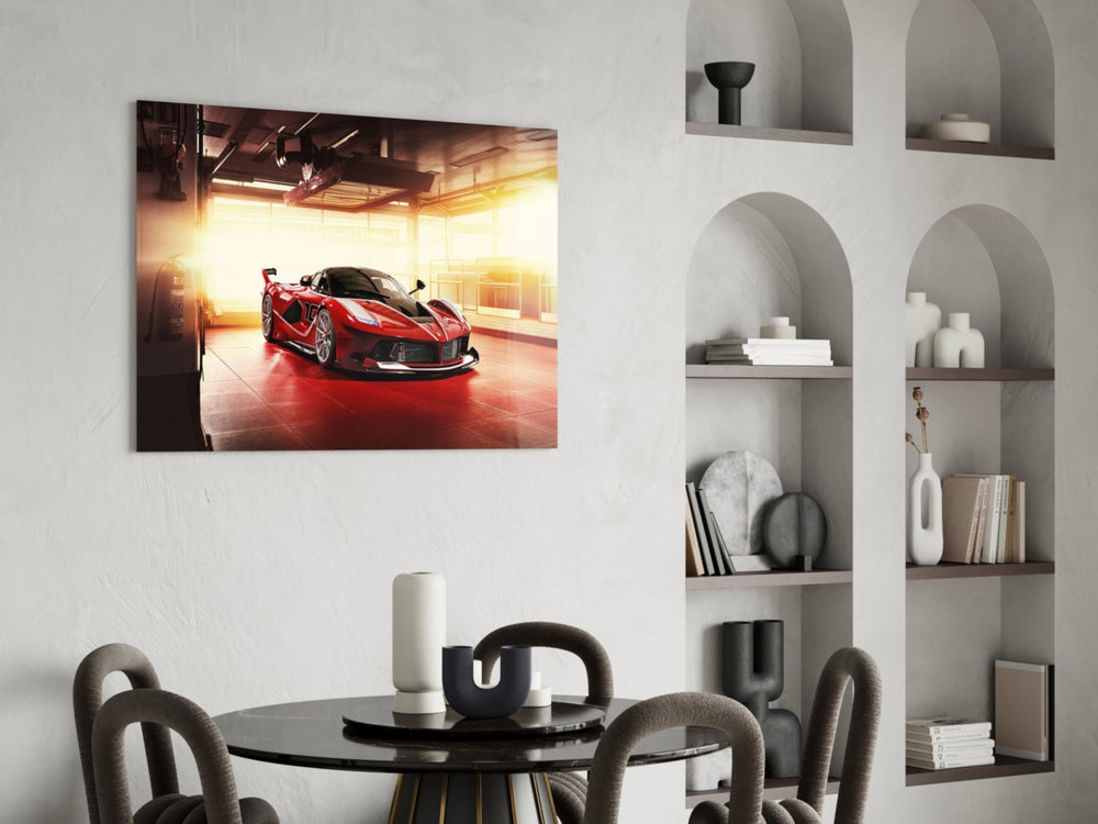 Ferrari FXX K panel adding editorial drama to a garage lounge