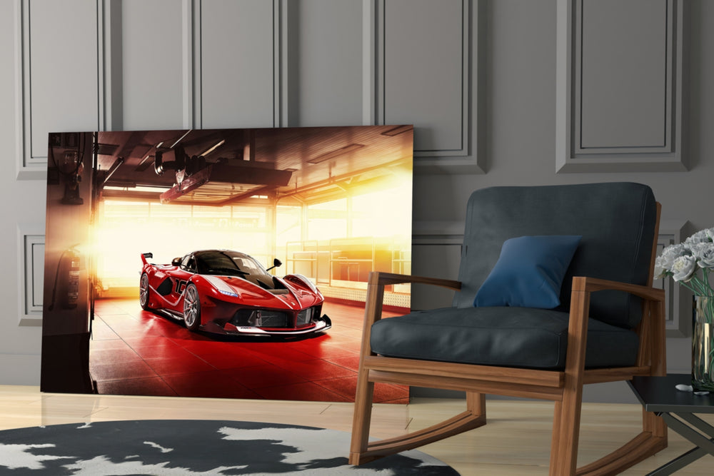 Ferrari FXX K glass print enhancing a study with cinematic warmth