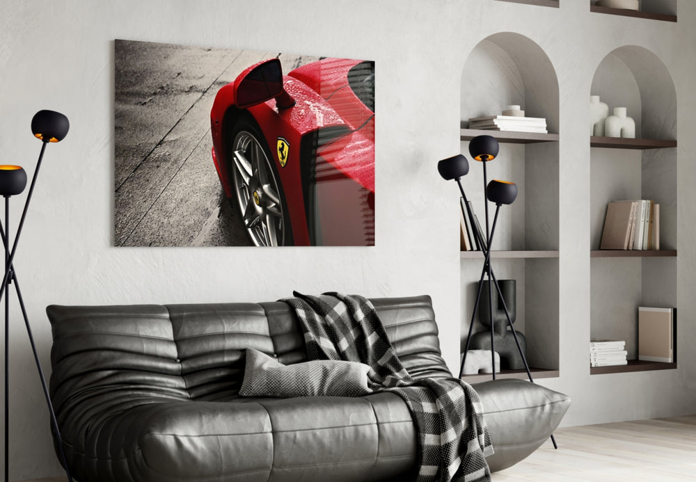Ferrari FXX K glass wall art styled above a desk in an office