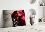Ferrari FXX K close-up showing rain-spattered crimson hood with prancing horse shield