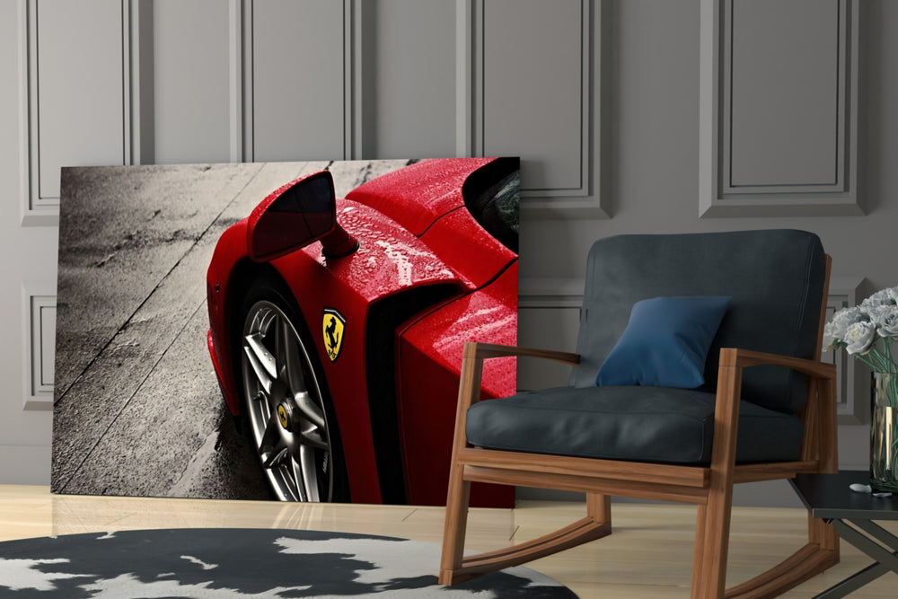 Ferrari FXX K glass print enhancing a study with cinematic warmth