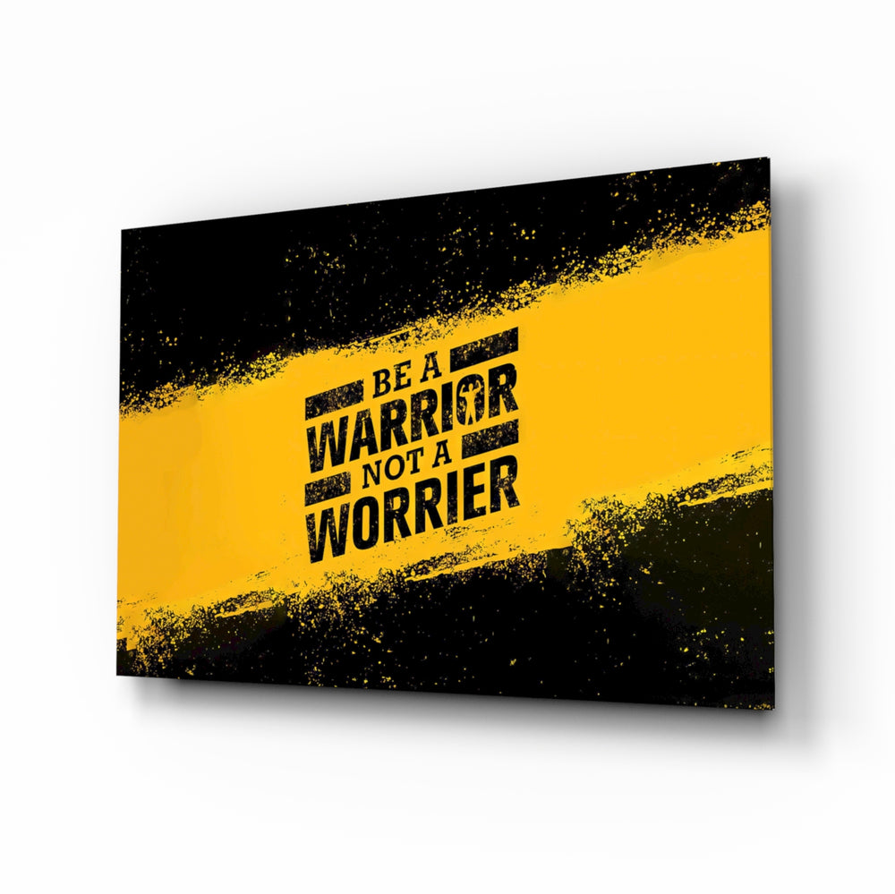 Be a Warrior glass wall art displayed above a bench in a home gym with rubber flooring and brass picture light