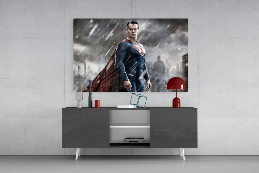 Superman panel catching screen glow to reveal its heroic gravity