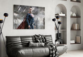 Superman glass wall art styled above a desk in a kids room
