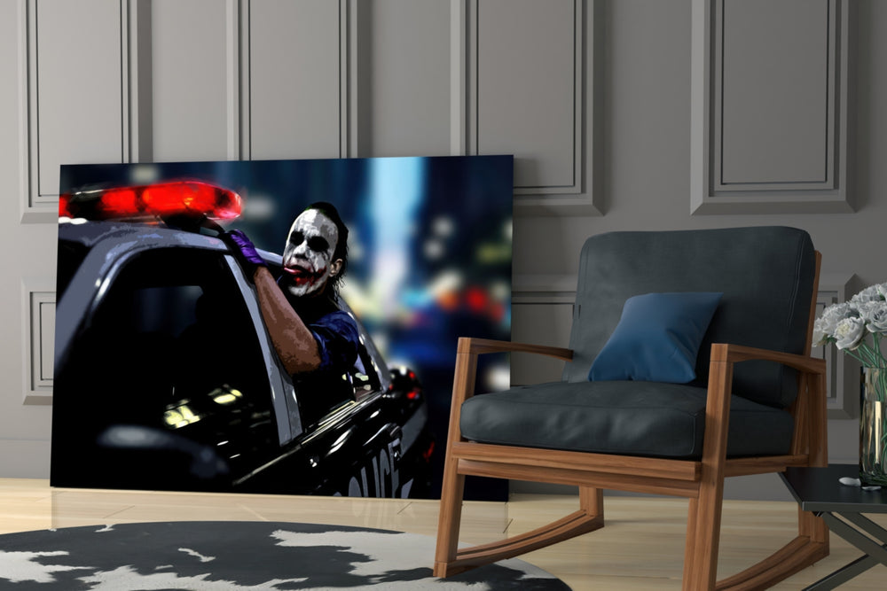 Joker glass print enhancing a teen lounge with cinematic mood