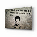 Fight Club - Your Life glass wall art displayed above a leather chesterfield in a moody man cave with reclaimed-wood console and brass arc lamp
