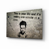 Fight Club - Your Life glass wall art displayed above a leather chesterfield in a moody man cave with reclaimed-wood console and brass arc lamp
