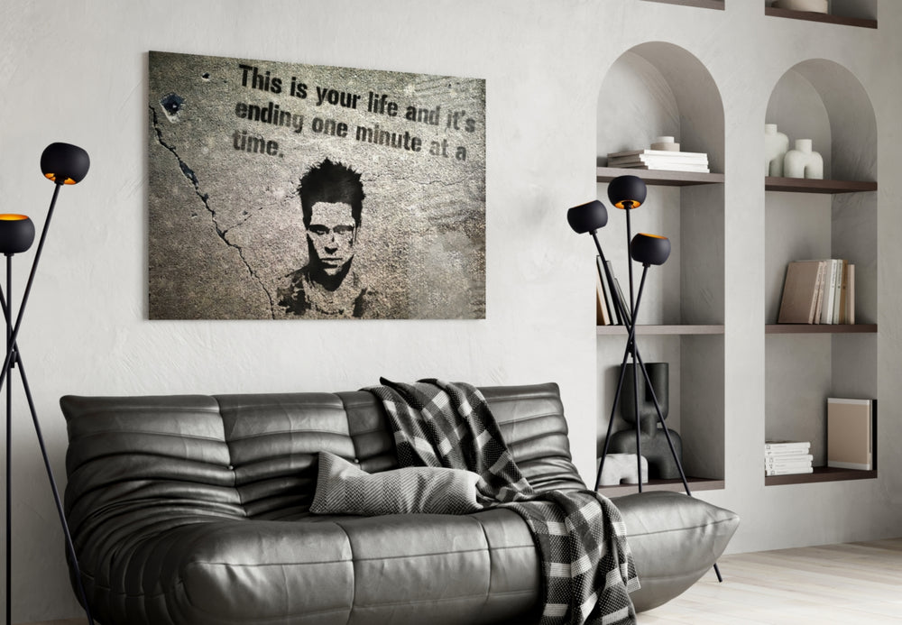 Fight Club - Your Life glass wall art styled above a desk in an office