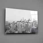 City-typography panel bringing dreamy wanderlust to a contemporary bedroom