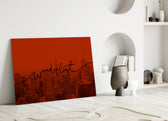 Wanderlust close-up showing flowing cursive across crimson-tinted NYC skyline