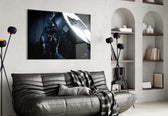Batman Call glass wall art styled above a console in a gaming room