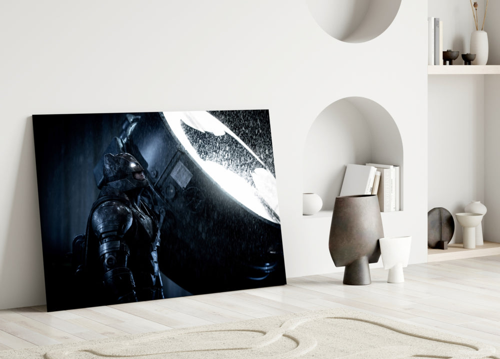 Batman Call close-up showing armored Dark Knight beneath bat-signal beam