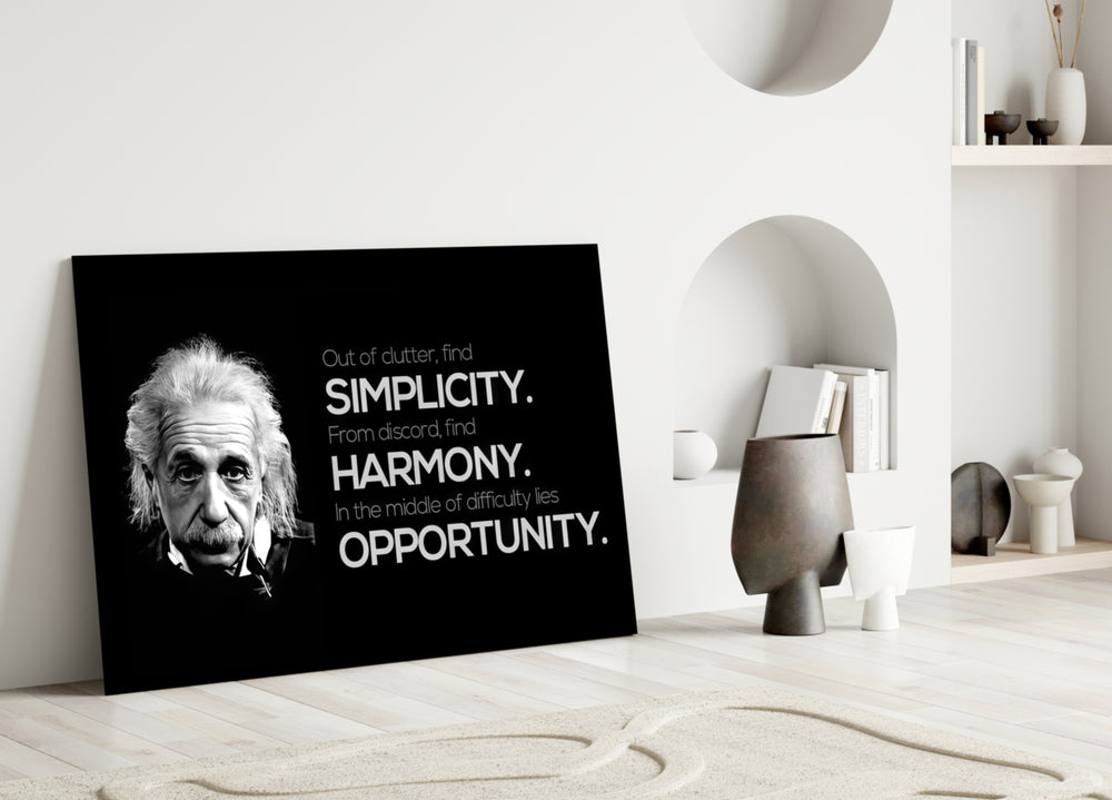 Einstein close-up showing portrait beside Simplicity Harmony Opportunity quote