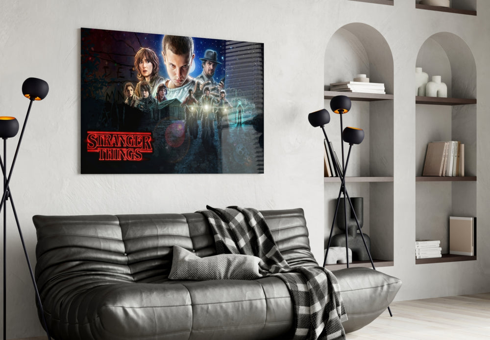 Stranger Things Poster glass wall art styled above a desk in a kids room