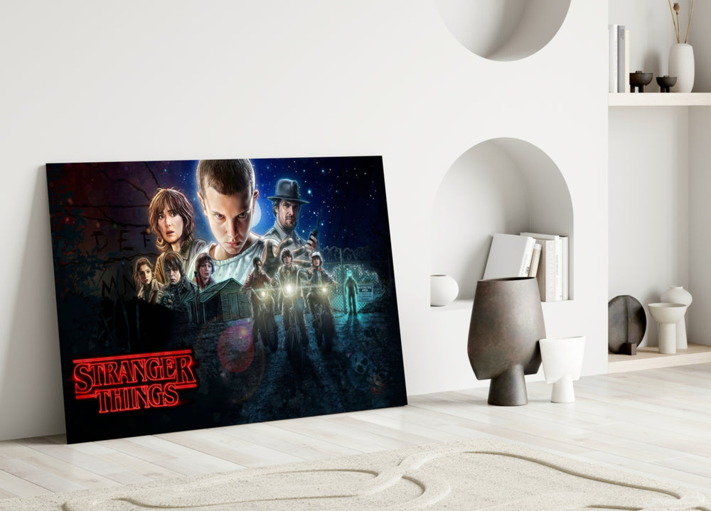Stranger Things Poster close-up showing Eleven and ensemble at forest edge with neon logo