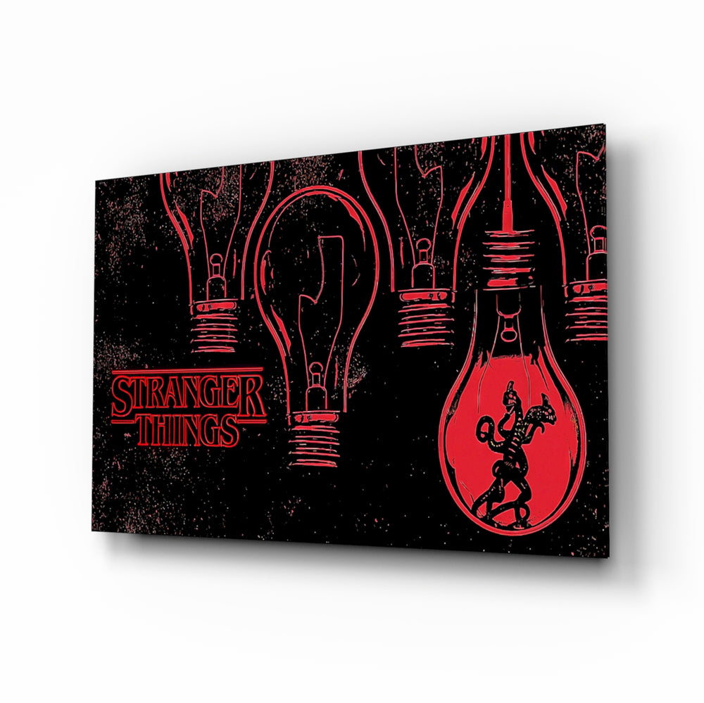 Stranger Things Poster glass wall art displayed above a velvet sofa in a moody teen lounge with neon LED strip and matte-black coffee table