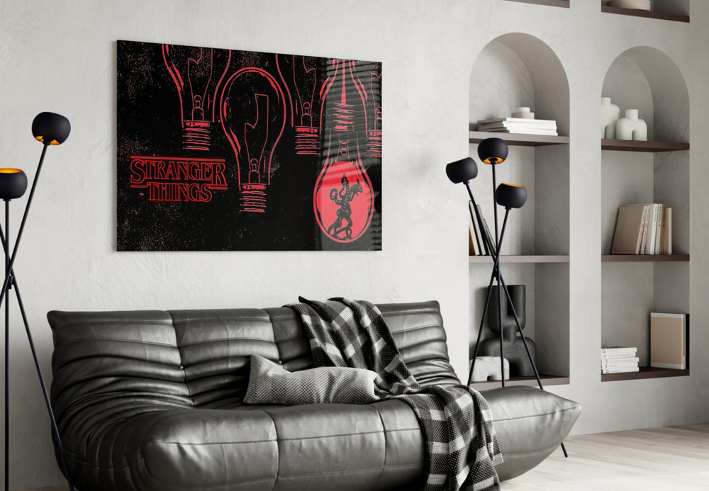 Stranger Things Poster glass wall art styled above a desk in a kids room