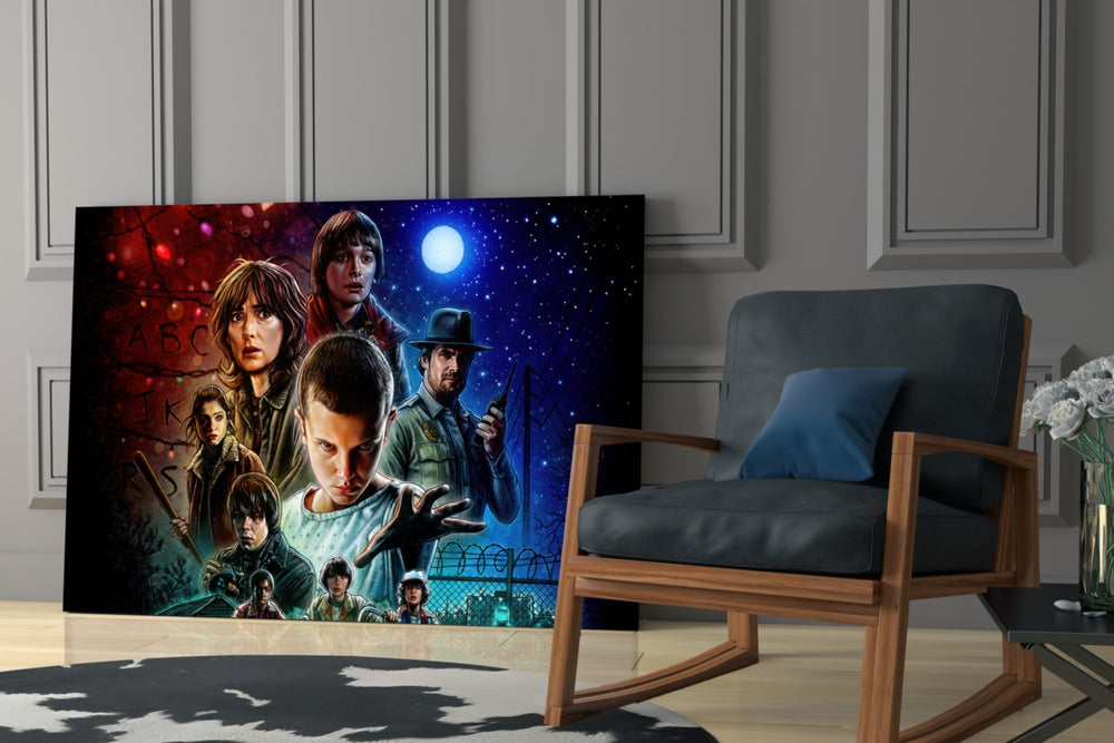 Stranger Things Poster glass print enhancing a gaming room with cinematic mood