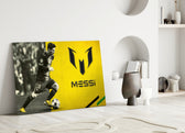 Messi close-up showing monochrome dribble beside marigold crest and wordmark