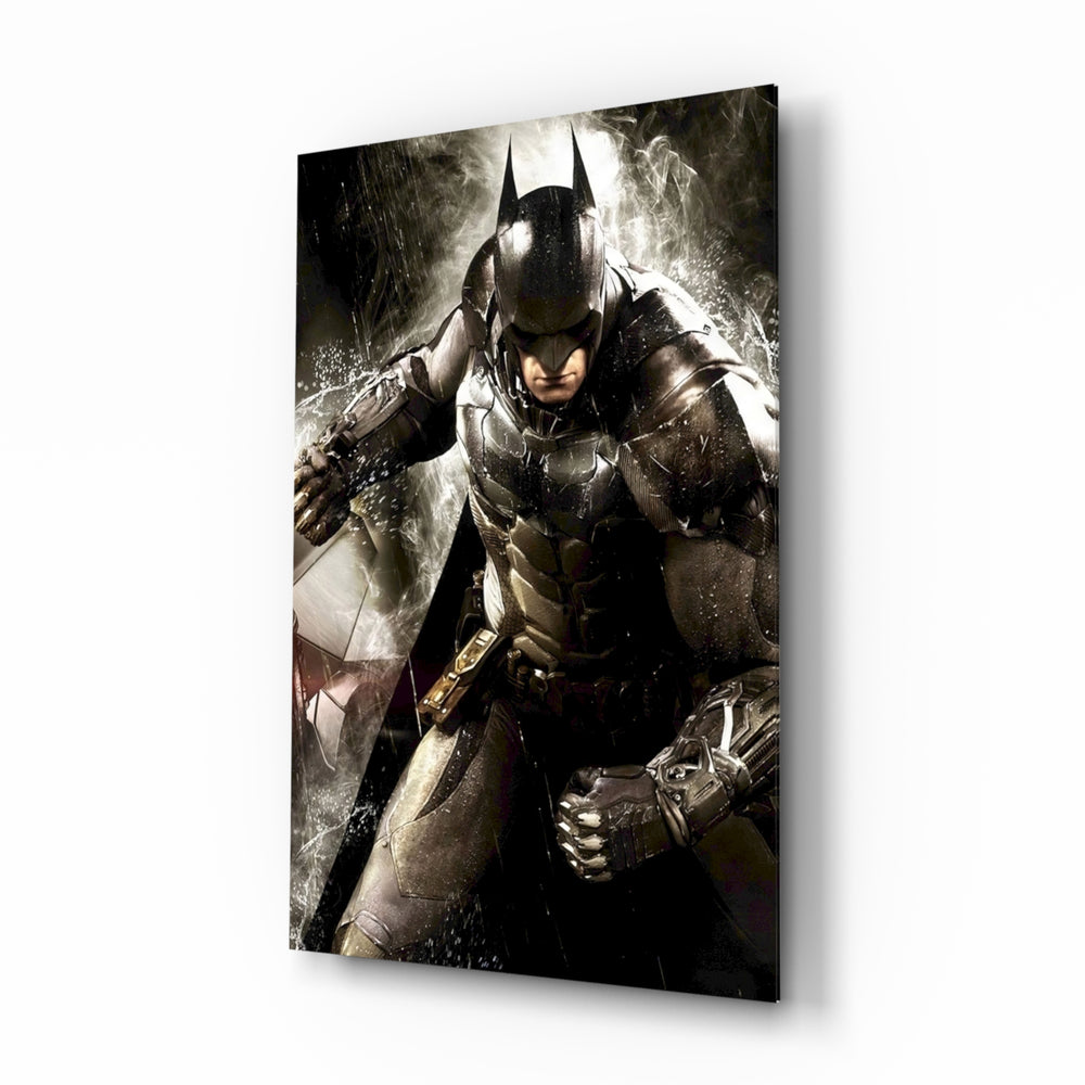 Batman glass wall art displayed above a black leather sectional in a moody home theater with brass arc lamp and reclaimed-wood console