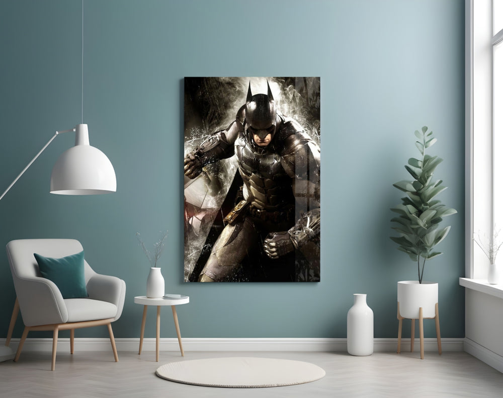 Batman glass wall art styled above a console in a gaming room