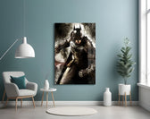 Batman glass wall art styled above a console in a gaming room