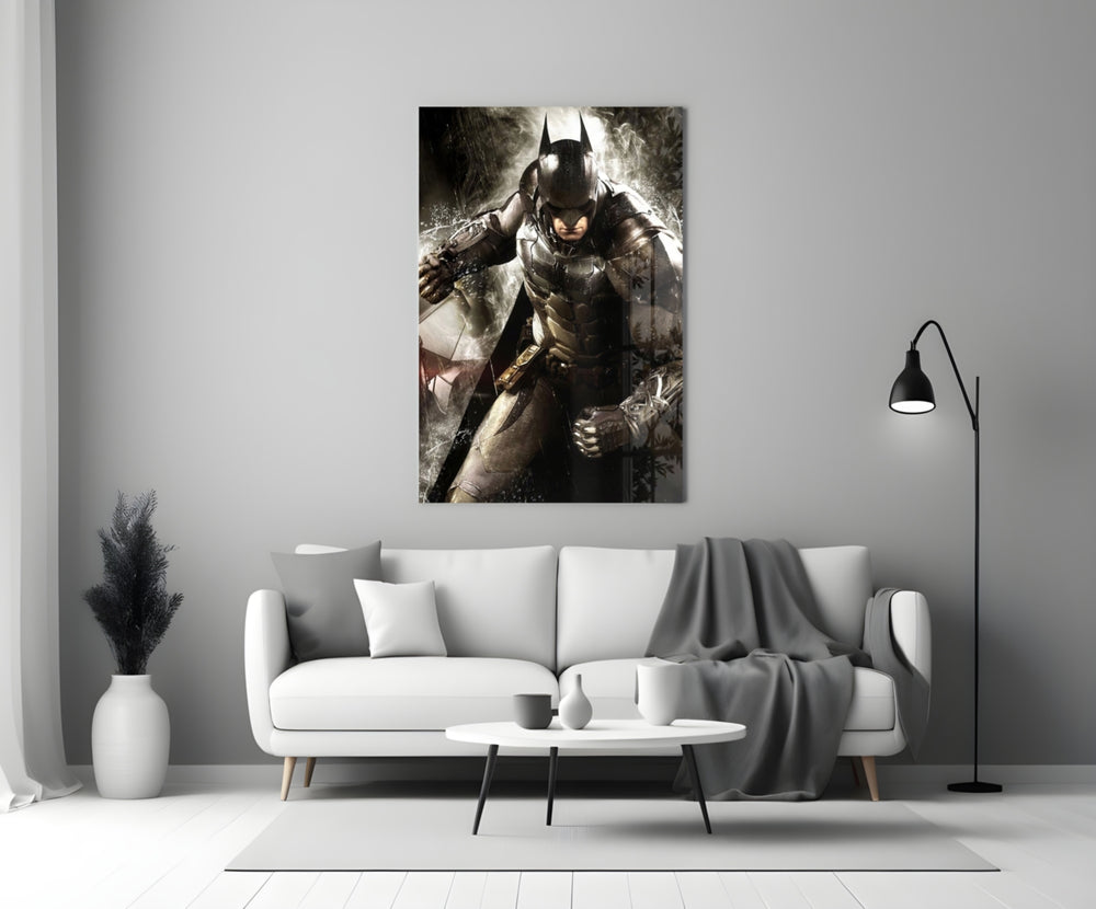 Batman close-up showing armored Dark Knight crouched amid water spray