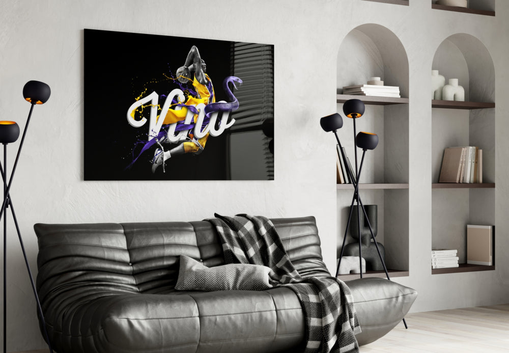 Los Angeles Lakers glass wall art styled above a desk in a teen lounge