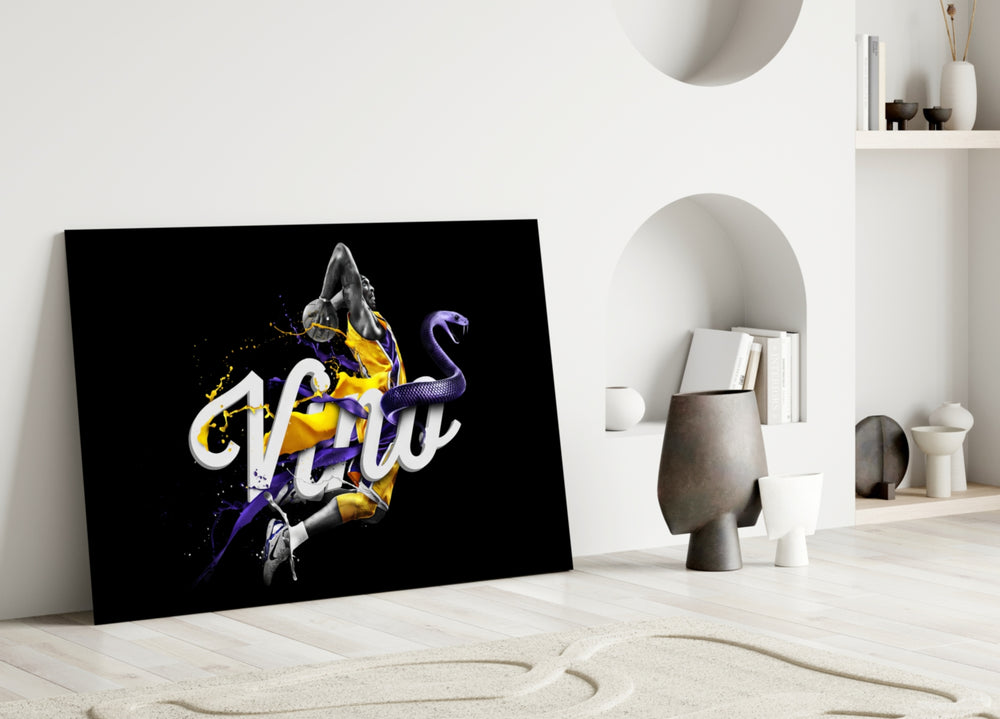 Los Angeles Lakers close-up showing Kobe rising with Vino script and indigo cobra