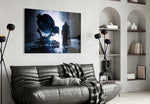 Batman Call glass wall art styled above a console in a gaming room