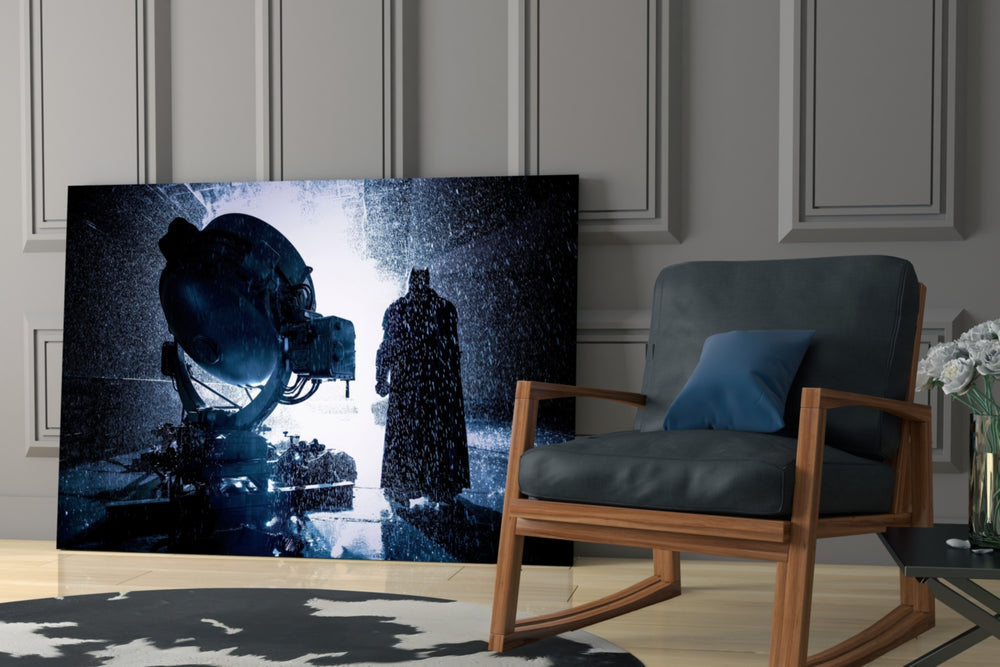 Batman Call glass print enhancing a teen lounge with cinematic mood