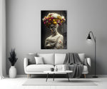 Abandoned Statue glass wall art styled above a bed in a bedroom