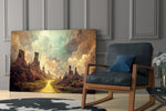 Road to the End artwork anchoring a wall with warm fantasy palette