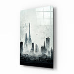 Modernist-cityscape panel bringing haunting calm to a contemporary lounge