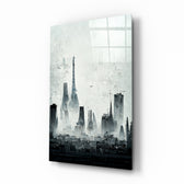 Modernist-cityscape panel bringing haunting calm to a contemporary lounge