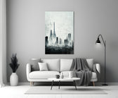 Old City Silhouette glass wall art styled above a desk in an office