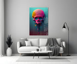 Melt of the Skull glass wall art styled above a desk in a man cave