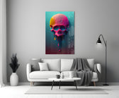 Melt of the Skull glass wall art styled above a desk in a man cave