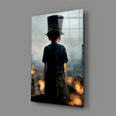 Burning the Past close-up showing boy in oversized top hat watching burning city