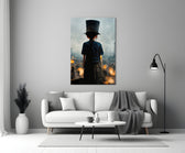 Burning the Past glass wall art styled above a console in a hallway