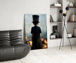 Burning the Past glass print enhancing a library with cinematic mood