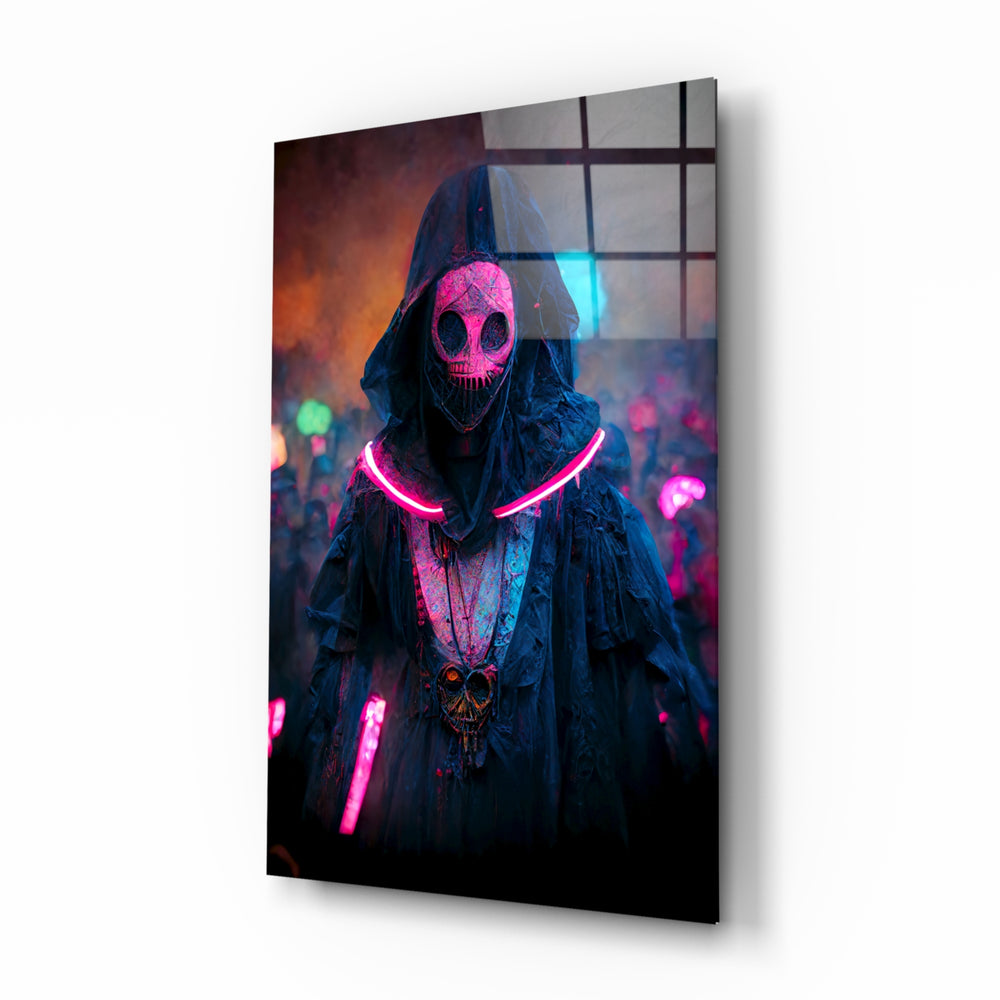 Shaman of the New World glass wall art displayed above a black leather sectional in a moody gaming room with magenta and cyan LED strips