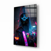 Shaman of the New World glass wall art displayed above a black leather sectional in a moody gaming room with magenta and cyan LED strips