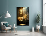 Time Flow glass wall art styled above a console in a library